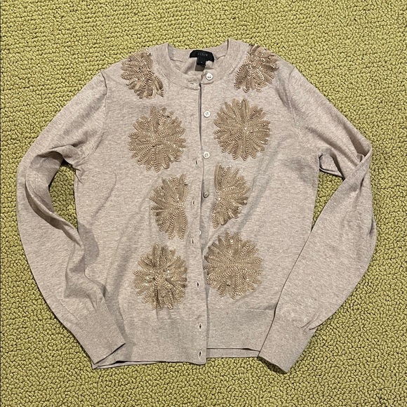 J. Crew tan Cardigan with sequin flower  Accents Sz small - Picture 1 of 3